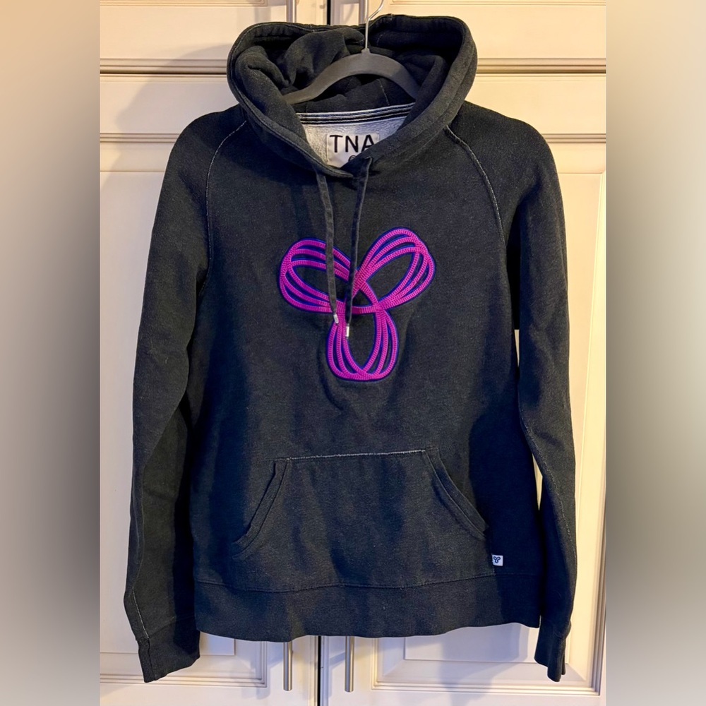 TNA Heather Charcoal Grey Hoodie with Vibrant Magenta Logo. Large (more M/L)